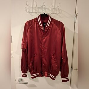 Men's Burgundy Satin Bomber Jacket with Bazooka Joes Graphic (Size L)